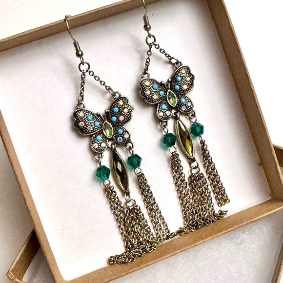 Jewelry - Butterfly Dangle Earrings with Green and Gold Accents